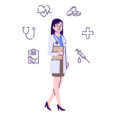 Poster - Doctor flat vector character. Therapist, general practitioner with stethoscope and patient card cartoon illustration with icons. Professional medical worker. Female medic, physician isolated on white