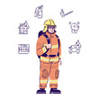 Firefighter flat vector character. Professional fireman in protective uniform cartoon illustration with outline and linear icons. Fire department worker, rescuer isolated on white background