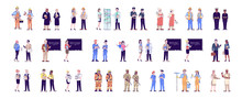 Workers Flat Vector Characters Set. Professional Staff, Labor. Jobs And Occupations. Firefighters, Soldiers, Doctors, Cleaners Cartoon Illustrations. Service Industry Personnel, Employees