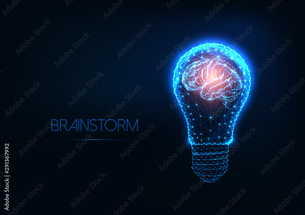 Brainstorm concept with futuristic glowing low polygonal light bulb and human brain. - obrazy, fototapety, plakaty 