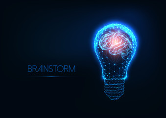 Wall Mural - Brainstorm concept with futuristic glowing low polygonal light bulb and human brain.