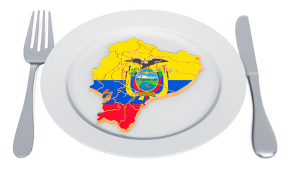 Poster - Ecuadorian cuisine concept. Plate with map of Ecuador. 3D rendering
