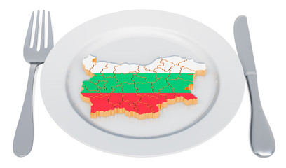 Poster - Bulgarian cuisine concept. Plate with map of Bulgaria. 3D rendering