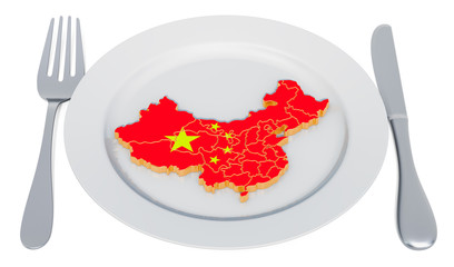 Poster - Chinese cuisine concept. Plate with map of China. 3D rendering