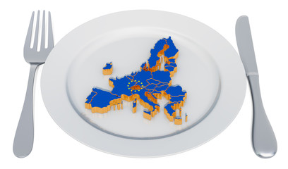 Poster - European cuisine concept. Plate with map of the EU. 3D rendering