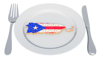 Poster - Puerto Rico cuisine concept. Plate with map of Puerto Rico. 3D rendering