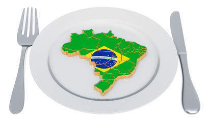 Poster - Brazilian cuisine concept. Plate with map of Brazil. 3D rendering