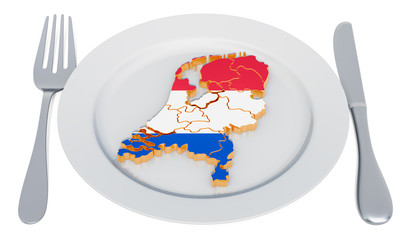 Poster - Holland cuisine concept. Plate with map of Netherlands. 3D rendering