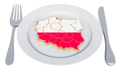 Poster - Polish cuisine concept. Plate with map of Poland. 3D rendering