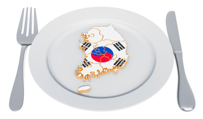 Poster - Korean cuisine concept. Plate with map of South Korea. 3D rendering
