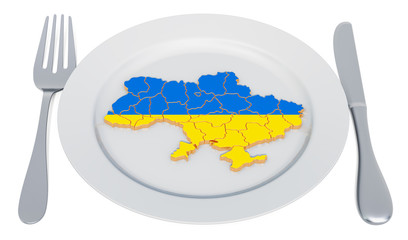 Poster - Ukrainian cuisine concept. Plate with map of Ukraine. 3D rendering
