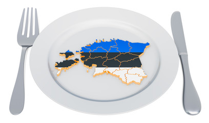 Poster - Estonian cuisine concept. Plate with map of Estonia. 3D rendering