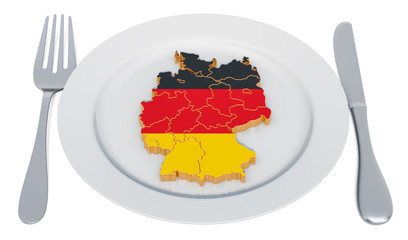 Poster - German cuisine concept. Plate with map of Germany. 3D rendering