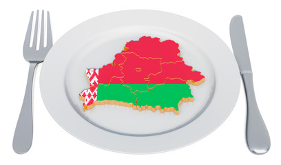 Poster - Belorussian cuisine concept. Plate with map of Belarus. 3D rendering