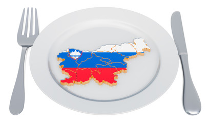 Poster - Slovenian cuisine concept. Plate with map of Slovenia. 3D rendering