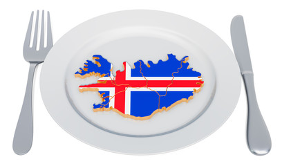 Poster - Icelandic cuisine concept. Plate with map of Iceland. 3D rendering