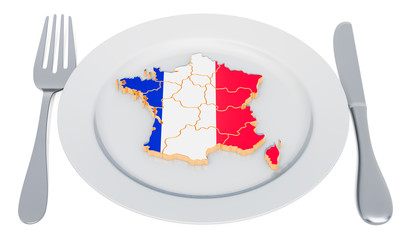 Poster - French cuisine concept. Plate with map of France. 3D rendering