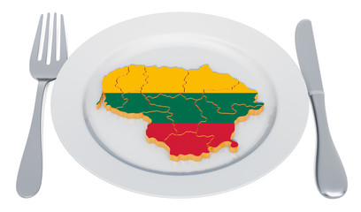 Poster - Lithuanian cuisine concept. Plate with map of Lithuania. 3D rendering