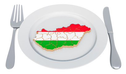 Poster - Hungarian cuisine concept. Plate with map of Hungary. 3D rendering