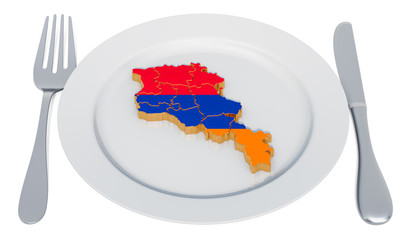 Poster - Armenian cuisine concept. Plate with map of Armenia. 3D rendering