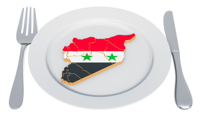 Poster - Syrian cuisine concept. Plate with map of Syria. 3D rendering