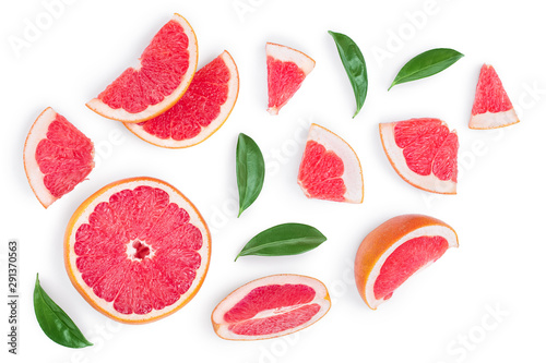 Fotografía Grapefruit and slices with leaves isolated on white background