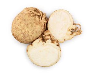 Fresh celery root isolated on white background. Top view. Flat lay.