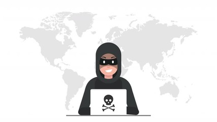 Poster - Hacker steals money from a bank account. World map on the background and hacking coordinates. Cyber attack concept.