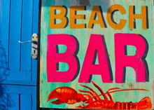 Vintage Neon Blue, Pink, Yellow And Orange Wooden Lobster Shack Sign. Hastings, Sussex, English Coast
