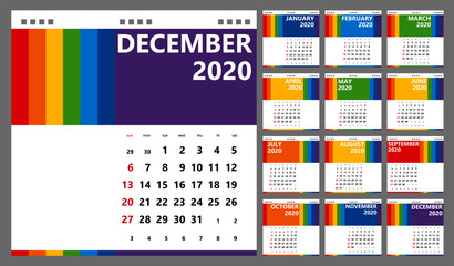 Wall Mural - Creative calendar 2020 with rainbow design, saturdays and sundays selected, english language. Multicolored template for web, business, print, postcard, wall, bookmark and banner.