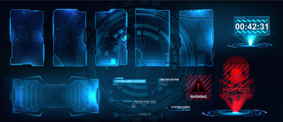 Wall Mural - Screens HUD, UI, GUI futuristic interface. Callouts titles. Head up screens for video games, apps, movie. Sky-fi holograms, warning in the form of holograms - attention, danger, countdown. Vector set