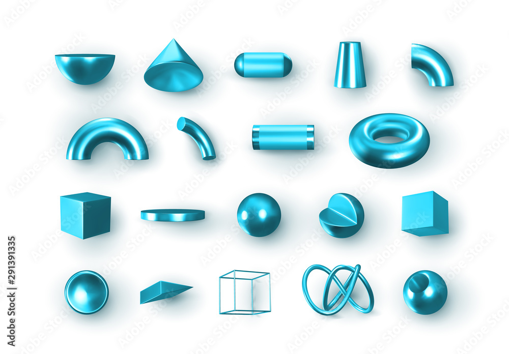 Set of 3d blue Geometric Shapes Objects. Realistic geometry elements ...