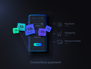 Wall Mural - Contactless payment. Mobile phone on a black background with a payment system interface. Online money transfer. Modern vector illustration.