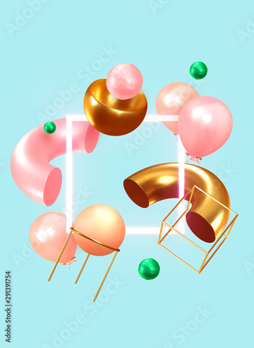 Festive Background With Helium Balloons 3d Geometric Objects