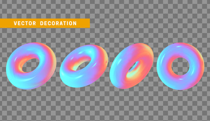 Wall Mural - Realistic 3d shape torus, donut objects with gradient holographic color of hologram. Geometric decorative design elements isolated on transparent background. vector illustration