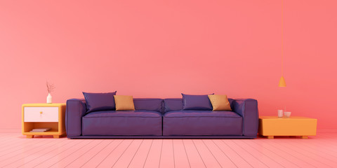 Poster - Mock up of blue sofa and yellow cabinet on pink room,minimal concept,small living room, 3D rendering.