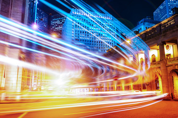 Wall Mural - Busy traffic and urban landscape at night in Hong Kong