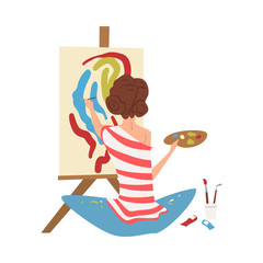 Wall Mural - Female Artist Character Drawing on Easel with Paints, Young Woman in Everyday Life, Craft Hobby or Profession Vector Illustration