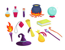 Magic Accessories And Wizard Tools. Flasks With Solutions, Cauldron With Potion, Fantasy Magic Spell Book, Magic Wands And Crystal, Mystery Clothes And Accessories. Vector Illustration Isolated.