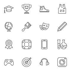Education line icons set. linear style symbols collection, outline signs pack. vector graphics. Set includes icons as graduate hat, globe, chemical flask, painting brush, medal ribbon, award cup