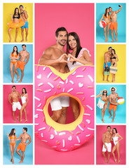 Poster - Collage of beautiful young woman in bikini with her boyfriend on color backgrounds. Lovely couple