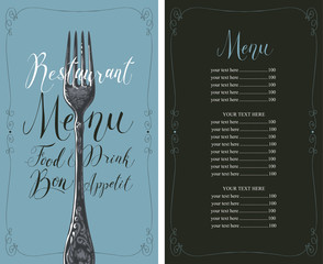 Wall Mural - Vector template restaurant menu with price list, realistic fork and handwritten inscriptions in frame with curls in retro style