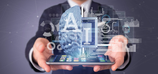 Poster - business man holding artificial intelligence icon with half brain and half circuit 3d rendering