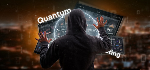 Wall Mural - Hacker man holding Quantum computing concept with qubit and devices 3d rendering