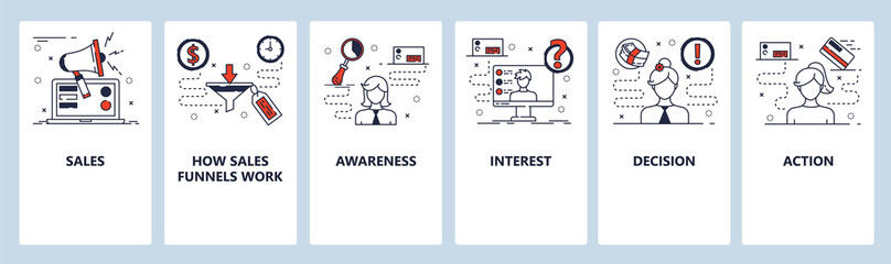 Poster - mobile app onboarding screens. marketing cycle and sales funnel. menu vector banner template for web