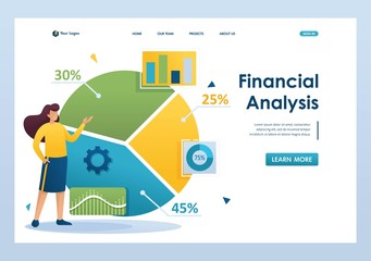 Poster - Young girl next to a large chart and a set of analytical data to analyze the information. Flat 2D character. Landing page concepts and web design