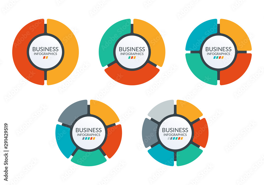 Pie chart set. Colorful diagram collection with 2,3,4,5,6 sections or steps. Circle icons for infographic, UI, web design, business presentation. Vector illustration. - obrazy, fototapety, plakaty 