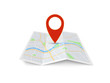 Map with pin. Red direction pointer on folded city map, gps navigation and travel location vector 3d icon