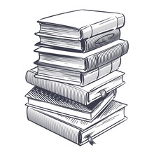 Stack Of Books Sketch. Drawings Engrave Pile Of Old Vintage Dictionary And Study Research Book Vector Illustration