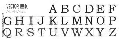 Fotomural set of font and alphabet, vector of modern abstract letters made with pen